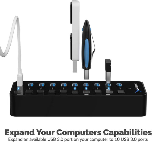 10-Port 60W Powered USB 3.0 Hub, Power Switches & Leds (HB-BU10) | Individual Power Switches + Leds; Includes 60W 12V/5A Power Adapter; for PC & Mac