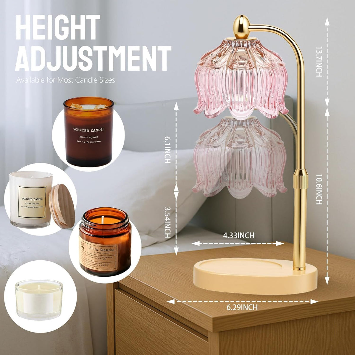 Candle Warmer Lamp with Timer Electric Adjustable Height Candle Warmer Dimmable Wax Warmer Lamp Jar Candles with 2 Bulbs for Home Decor & Office