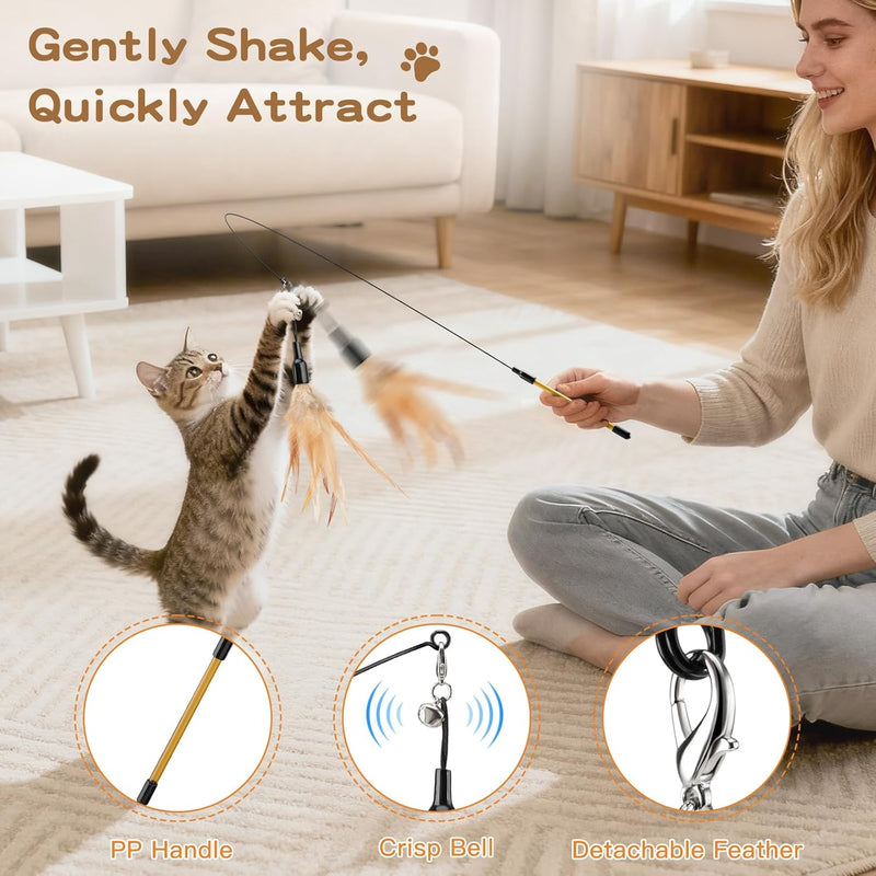 Pawaboo Cat Feather Wand Interactive Toy, 2 Feathers + 1 Wand with Bell | Cat Feather Teaser Toys Flying Catcher Extra Long 34.5" Wand Exerciser Playing Chase Cat Toy Wands for Kitten or Cats, Brown