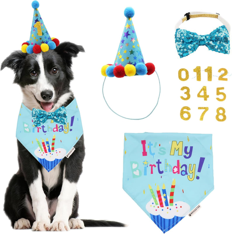 ADOGGYGO Dog Birthday Hat, Blue Birthday Boy Bandana with Bow Tie, Large | 3 Sizes, It'S My Birthday Dog Bandana, Colorful Pom Pom Hat, Bow Tie & Age Numbers for Medium Large Dogs