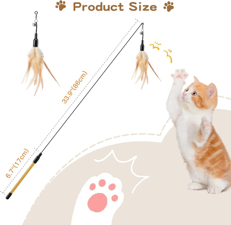 Pawaboo Cat Feather Wand Interactive Toy, 2 Feathers + 1 Wand with Bell | Cat Feather Teaser Toys Flying Catcher Extra Long 34.5" Wand Exerciser Playing Chase Cat Toy Wands for Kitten or Cats, Brown