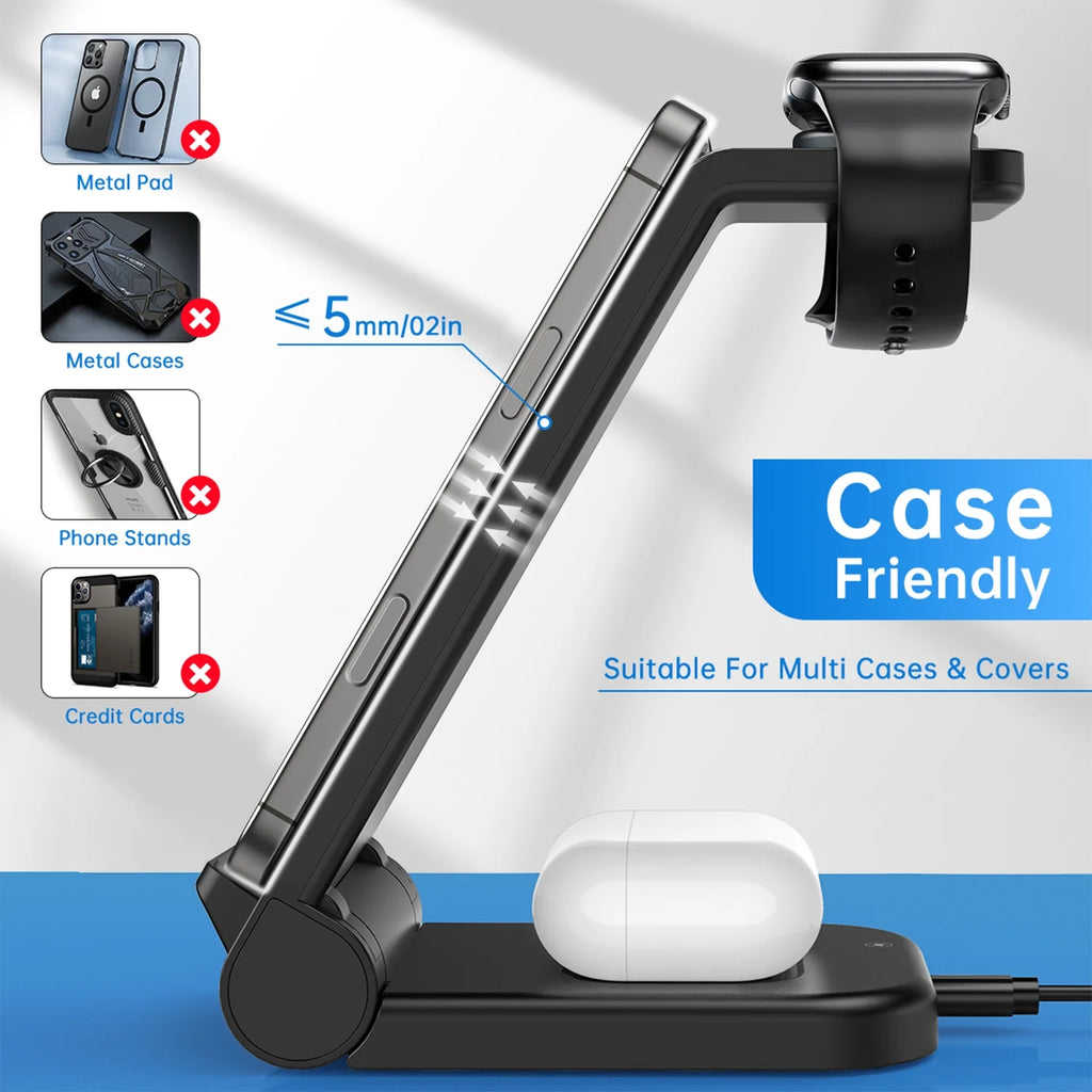 Fast Wireless Charger Station, 23W Wireless Charging Stand for Iphone 16/15/14/13/13 Pro/ 12/12 Pro/11/Xs Max/Xr/X/Galaxy S23 S22 S21 S10, Charging Station for Airpods 4/3/2/Pro, Iwatch Series