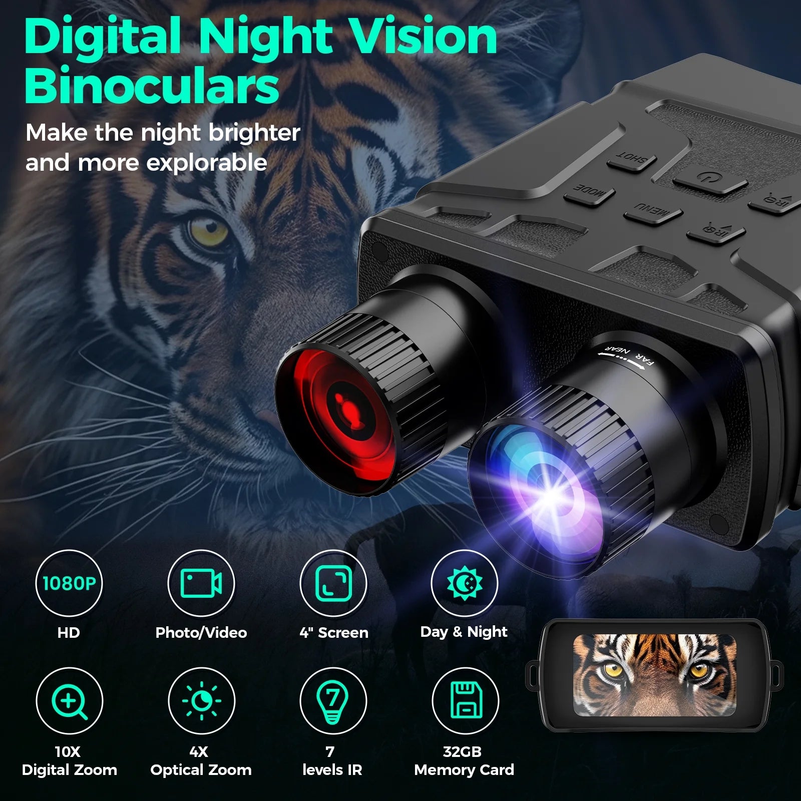 4K Night Vision Goggles for Adults, 10X Infrared Night Vision Binoculars, 40MP Photo and Video Capture, Type-C Rechargeable