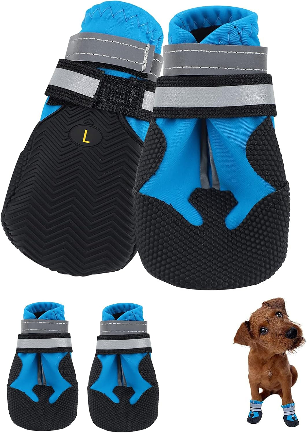 Dog Boots, Set of 4 Waterproof Dog Shoes with Reflective Straps Anti-Slip Sole Outdoor Paw Protectors Puppy Shoes for Small Medium Dogs Autumn Winter (Blue, L)