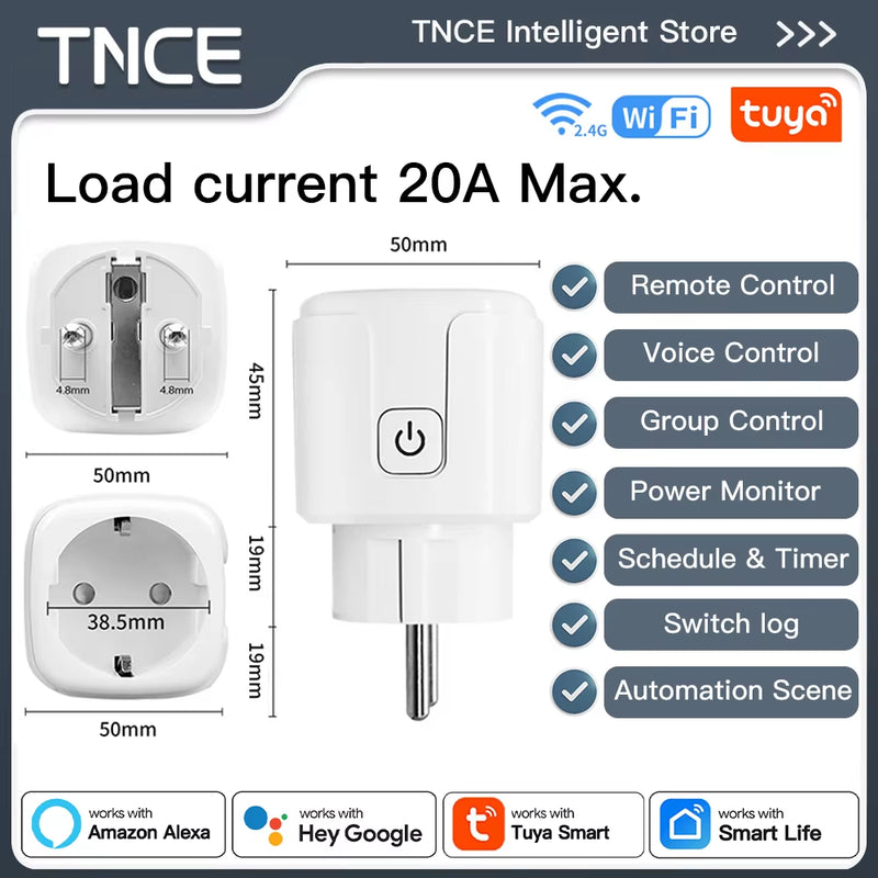 TUYA Smart Plug Wifi or Zigbee3.0 Socket EU 16A/20A Power Monitor Timing Function Voice Control Work with Alexa Google Home