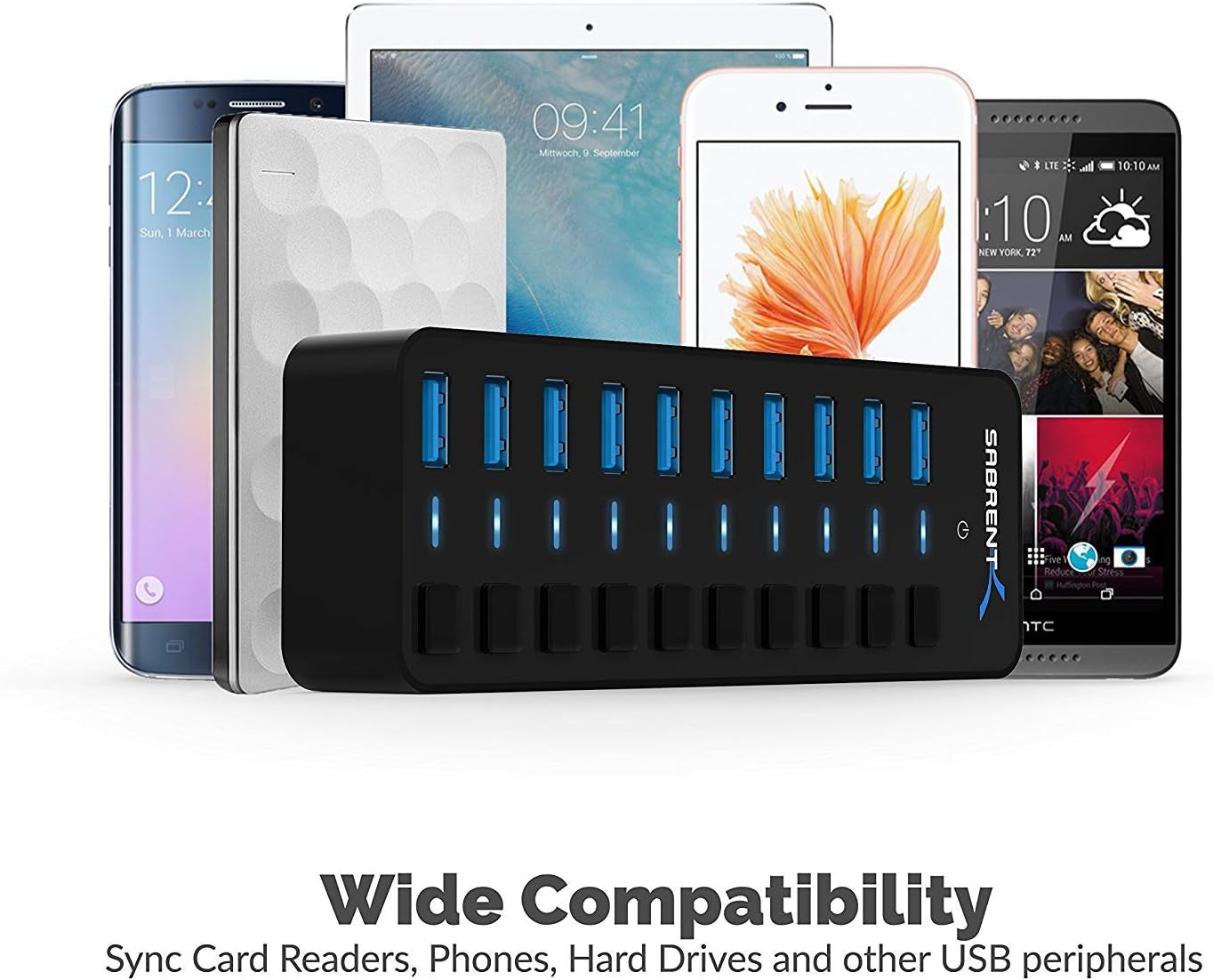 10-Port 60W Powered USB 3.0 Hub, Power Switches & Leds (HB-BU10) | Individual Power Switches + Leds; Includes 60W 12V/5A Power Adapter; for PC & Mac