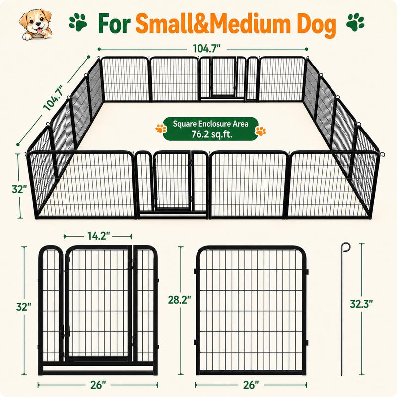Yaheetech Dog Playpen 32In 16 Panels Pet Fence for Indoor Yard RV Camping | Easy Setup, Heavy Duty Rustproof Frame with Secure Latch Door, DIY Layouts,Foldable Storage, for Small & Medium Dogs