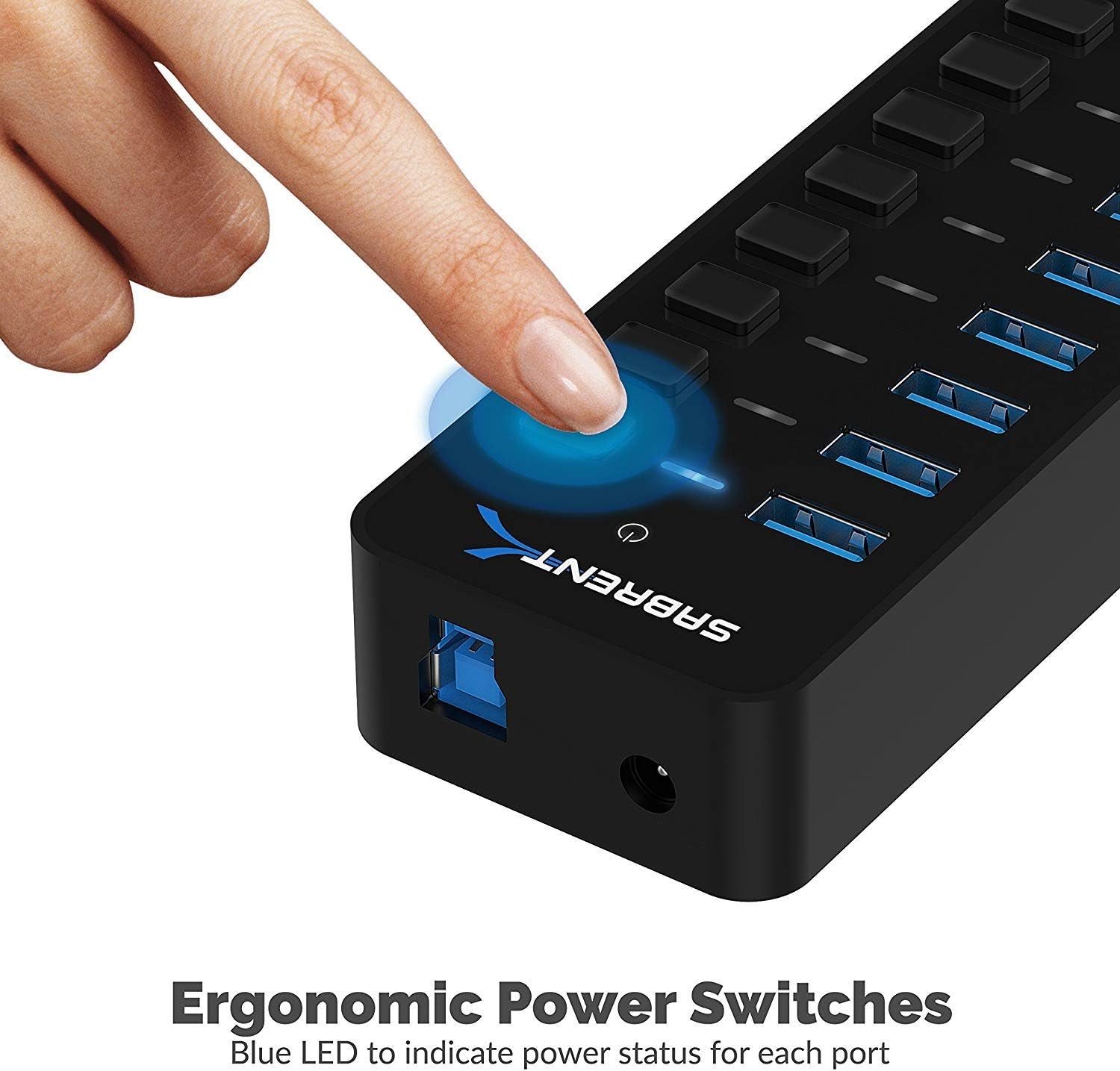 10-Port 60W Powered USB 3.0 Hub, Power Switches & Leds (HB-BU10) | Individual Power Switches + Leds; Includes 60W 12V/5A Power Adapter; for PC & Mac