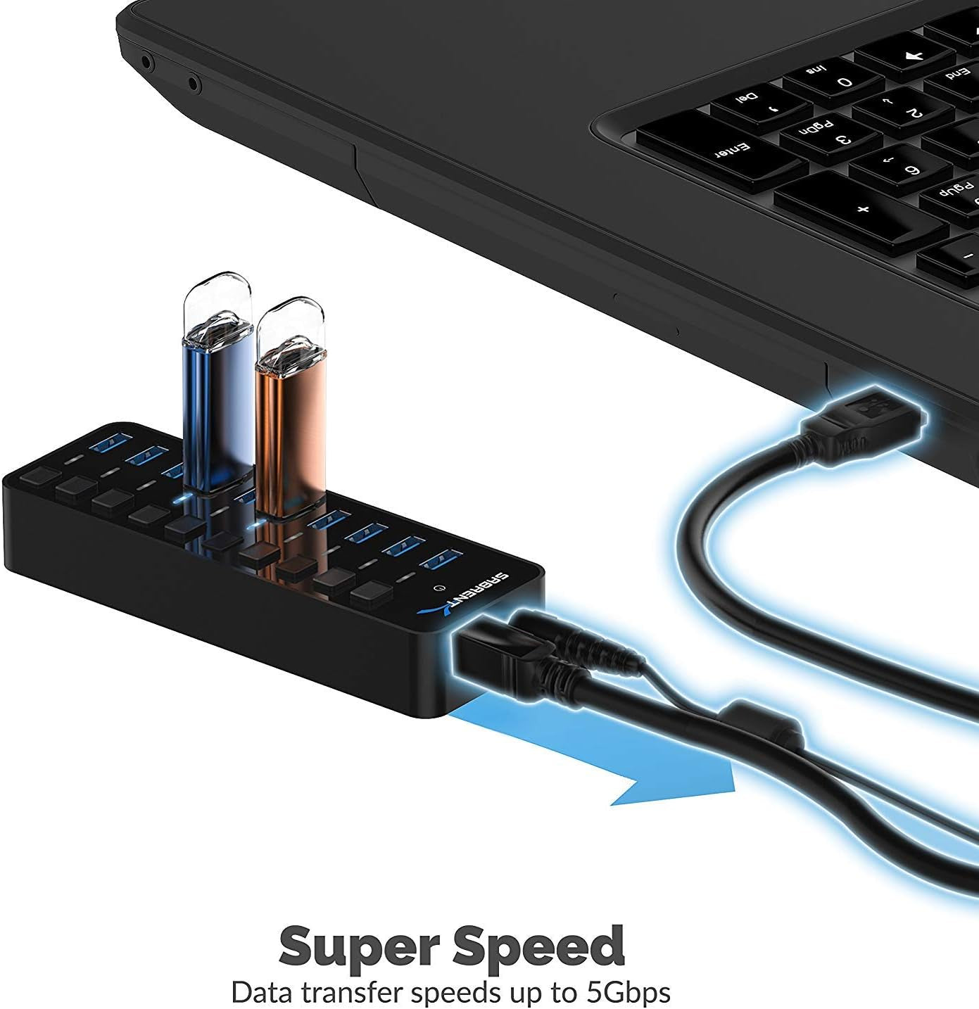 10-Port 60W Powered USB 3.0 Hub, Power Switches & Leds (HB-BU10) | Individual Power Switches + Leds; Includes 60W 12V/5A Power Adapter; for PC & Mac