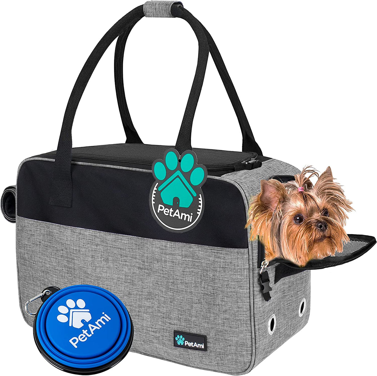 Petami Dog Purse Carrier for Small Dogs Cats, TSA Airline Approved Soft-Sided Pet Carrier with Pockets, Ventilated Travel Tote Bag with Bed & Shoulder Strap, Puppy Kitten, Max 12 Lbs, Heather Grey