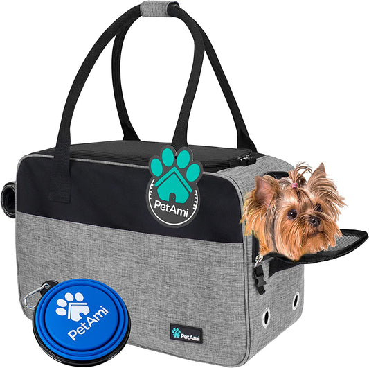 Petami Dog Purse Carrier for Small Dogs Cats, TSA Airline Approved Soft-Sided Pet Carrier with Pockets, Ventilated Travel Tote Bag with Bed & Shoulder Strap, Puppy Kitten, Max 12 Lbs, Heather Grey