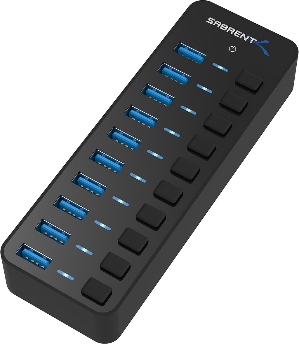 10-Port 60W Powered USB 3.0 Hub, Power Switches & Leds (HB-BU10) | Individual Power Switches + Leds; Includes 60W 12V/5A Power Adapter; for PC & Mac