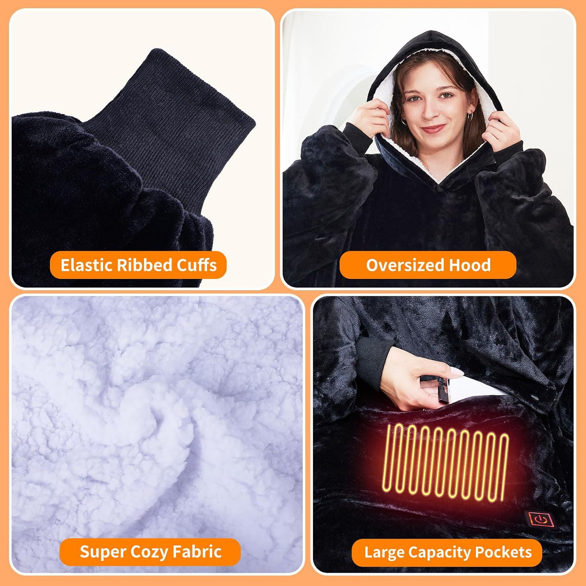 Askyli Wearable Heated Blanket Hoodie, USB Heated Oversized Hooded Blanket Adult 3 Heat Settings, Overheat Protection Cozy Warm Heated Hoodie Blanket Sweatshirt for Women with Sleeves & Giant Pocket