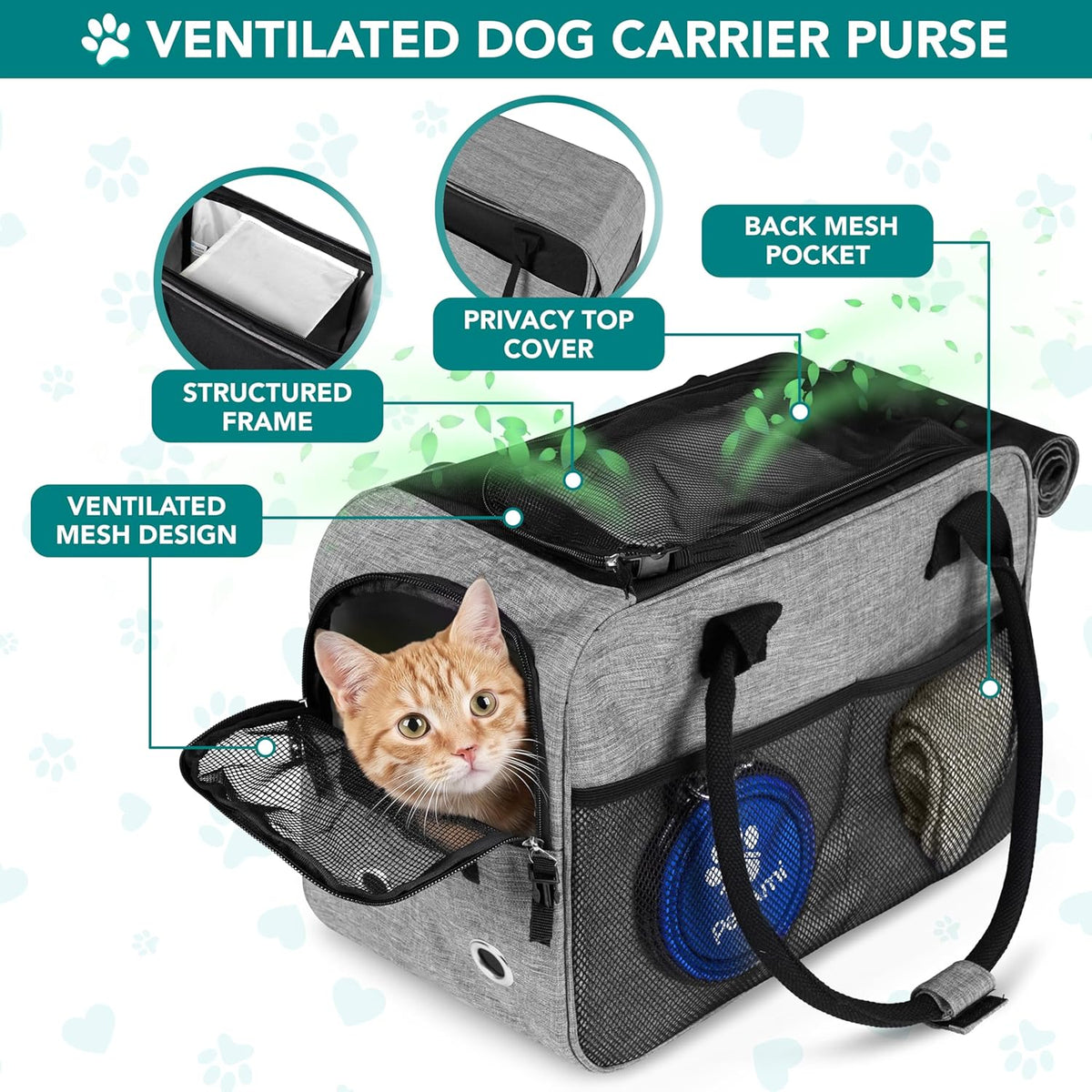 Petami Dog Purse Carrier for Small Dogs Cats, TSA Airline Approved Soft-Sided Pet Carrier with Pockets, Ventilated Travel Tote Bag with Bed & Shoulder Strap, Puppy Kitten, Max 12 Lbs, Heather Grey