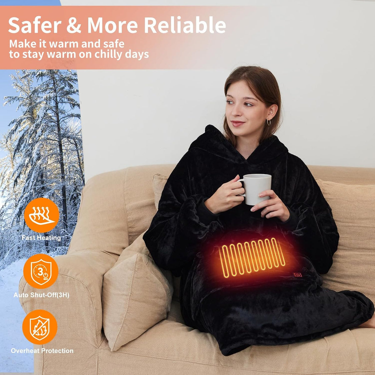 Askyli Wearable Heated Blanket Hoodie, USB Heated Oversized Hooded Blanket Adult 3 Heat Settings, Overheat Protection Cozy Warm Heated Hoodie Blanket Sweatshirt for Women with Sleeves & Giant Pocket