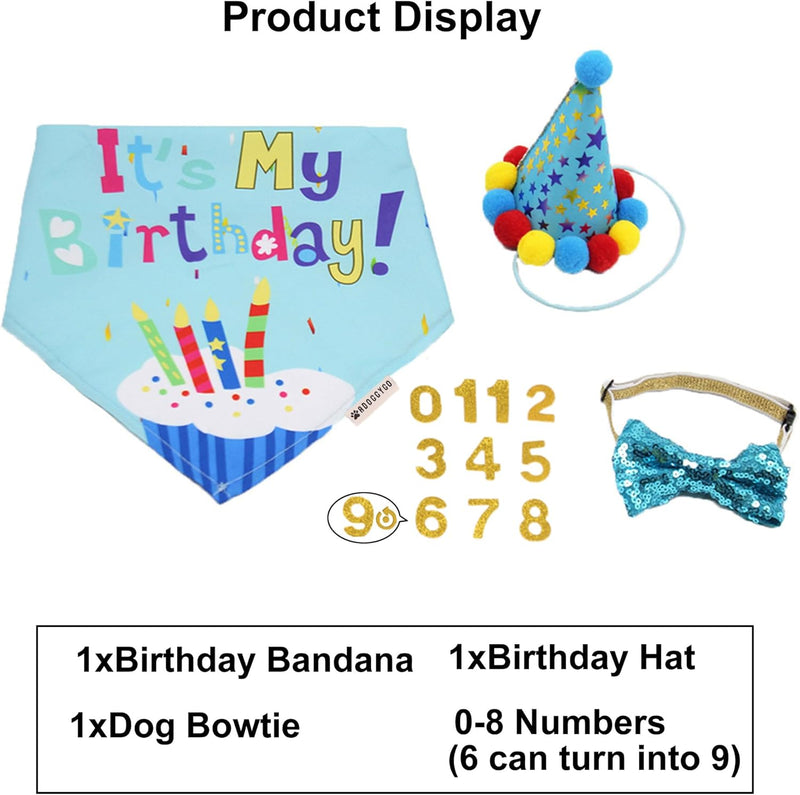 ADOGGYGO Dog Birthday Hat, Blue Birthday Boy Bandana with Bow Tie, Large | 3 Sizes, It'S My Birthday Dog Bandana, Colorful Pom Pom Hat, Bow Tie & Age Numbers for Medium Large Dogs