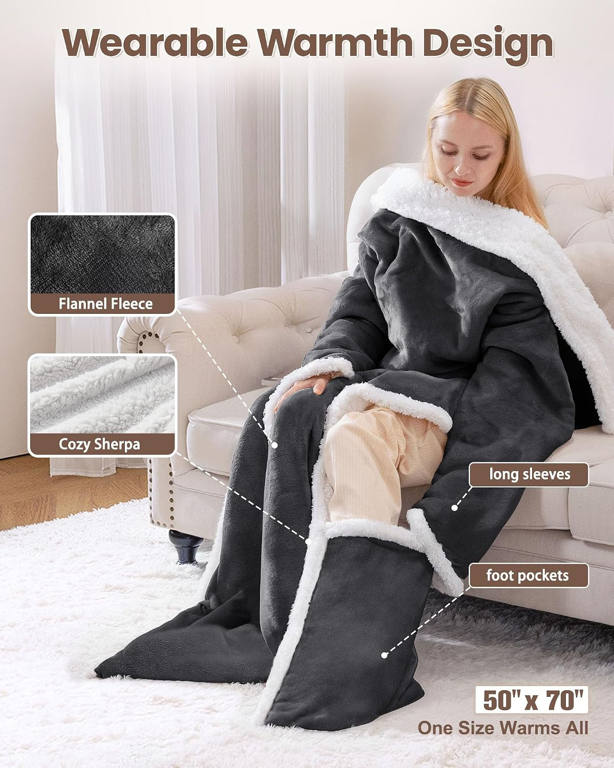 Wearable Heated Blanket with Foot Pocket, Flannel & Sherpa,50"X70",Grey,Etl