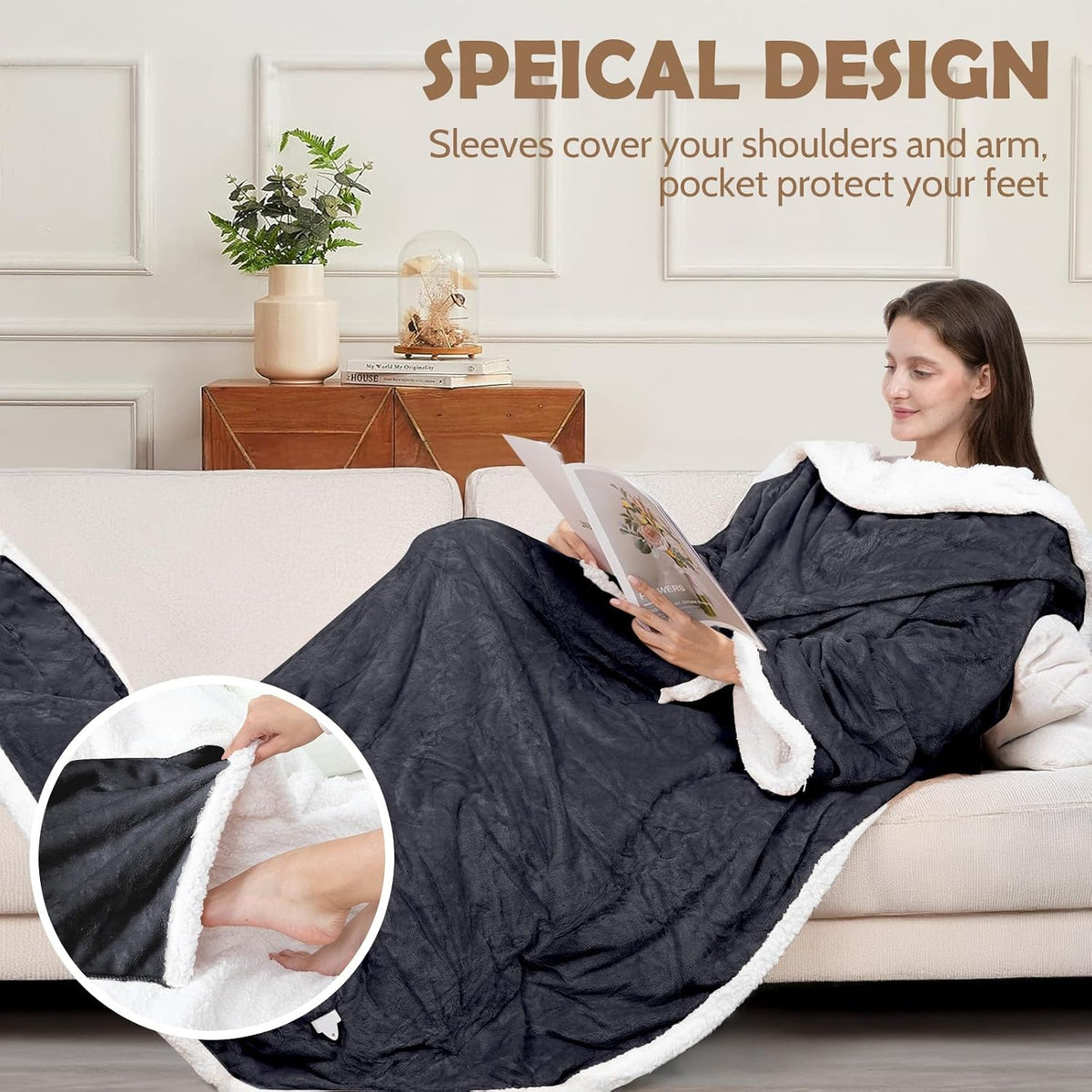 DOZAWA Wearable Heated Blanket with Foot Pocket, 52"X72" Electric Blanket with Sleeves for 12 Hours Timer, 6 Heat Settings, Flannel & Sherpa, Gray
