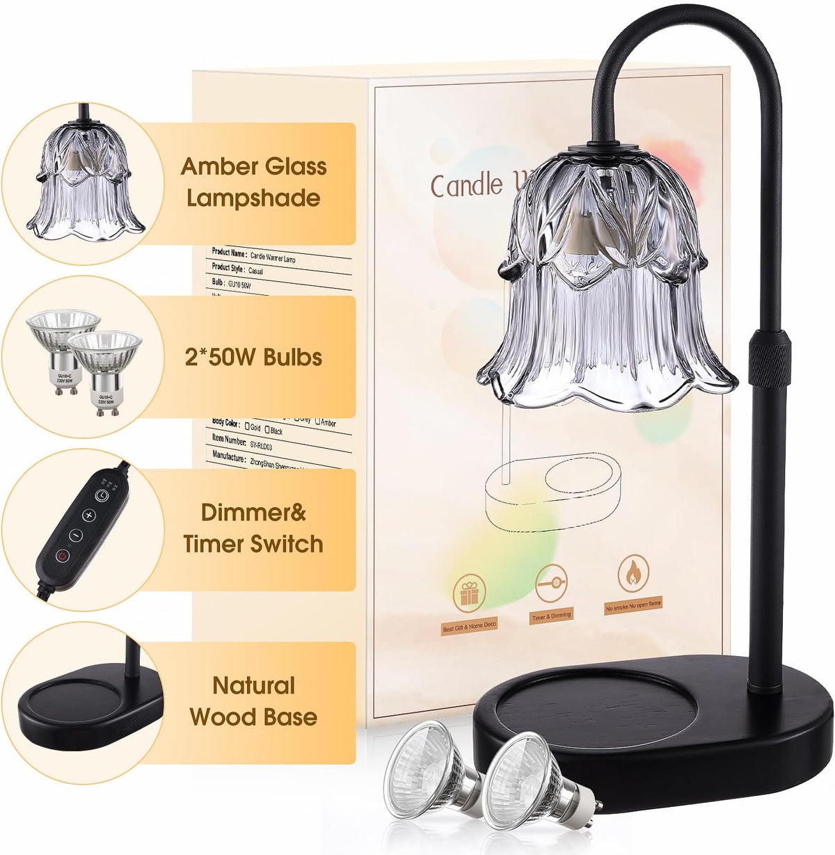 Candle Warmer Lamp with Timer - Dimmable Height Adjustable Electric Melter for Jar Candles Flameless with 2 Bulbs Gifts for Women Mum