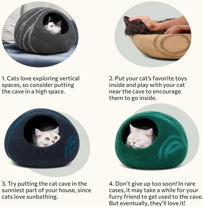 MEOWFIA Cat Cave - Merino Wool Bed for Indoor Cats (Light Gray, Medium) | Cat Bed Enclosure, Premium Felt, Handmade, Super Soft, Lightweight, Breathable, Adjustable Shape