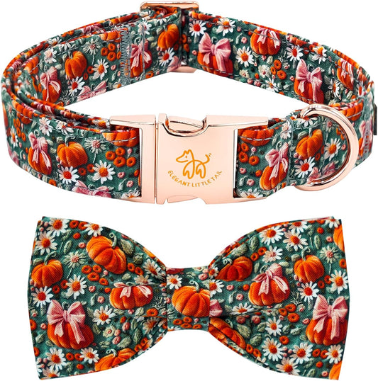 Elegant Little Tail Fall Dog Collar, Halloween Pet Collars with Bow Cute Flower Pumpkin Print Puppy Collar Female or Male Cotton Adjustable Collars for Small Medium Large Dogs