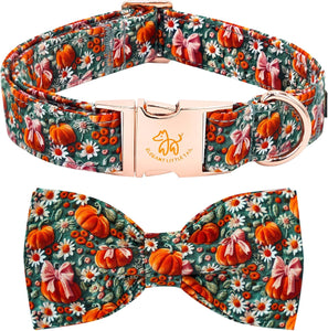 Elegant Little Tail Fall Dog Collar, Halloween Pet Collars with Bow Cute Flower Pumpkin Print Puppy Collar Female or Male Cotton Adjustable Collars for Small Medium Large Dogs