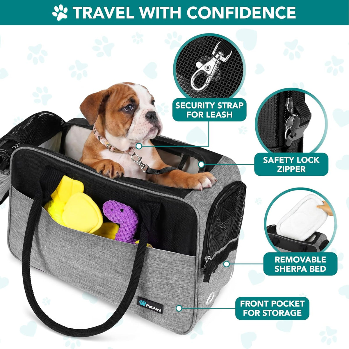 Petami Dog Purse Carrier for Small Dogs Cats, TSA Airline Approved Soft-Sided Pet Carrier with Pockets, Ventilated Travel Tote Bag with Bed & Shoulder Strap, Puppy Kitten, Max 12 Lbs, Heather Grey
