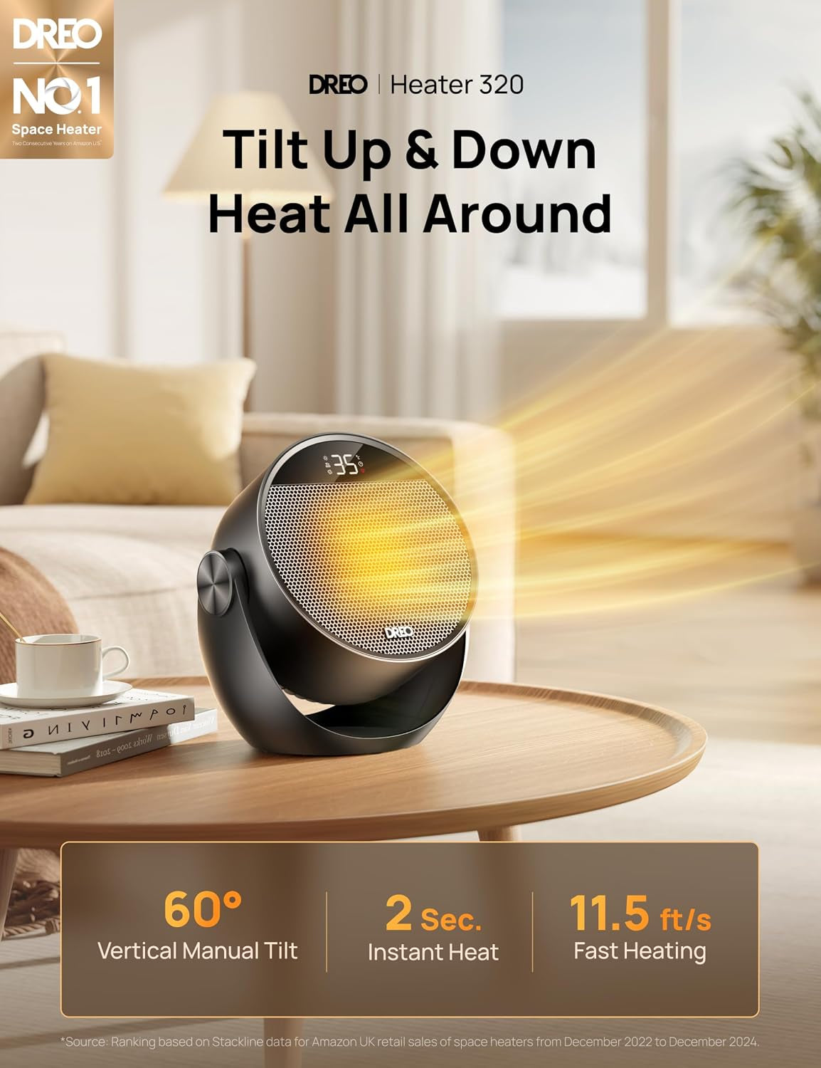 1500W Portable Electric Heater for Home, 60° Adjustable Tilt, 10.5Ft/S Fan Heater with Remote, 8 Safety Protections, 12H Timer, 3 Modes, Silent Small Ceramic Space Heaters for Bedroom, Atom 320