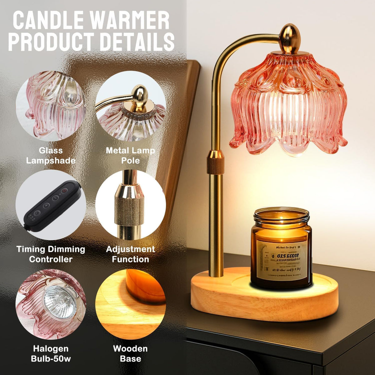 Candle Warmer Lamp with Timer Electric Adjustable Height Candle Warmer Dimmable Wax Warmer Lamp Jar Candles with 2 Bulbs for Home Decor & Office