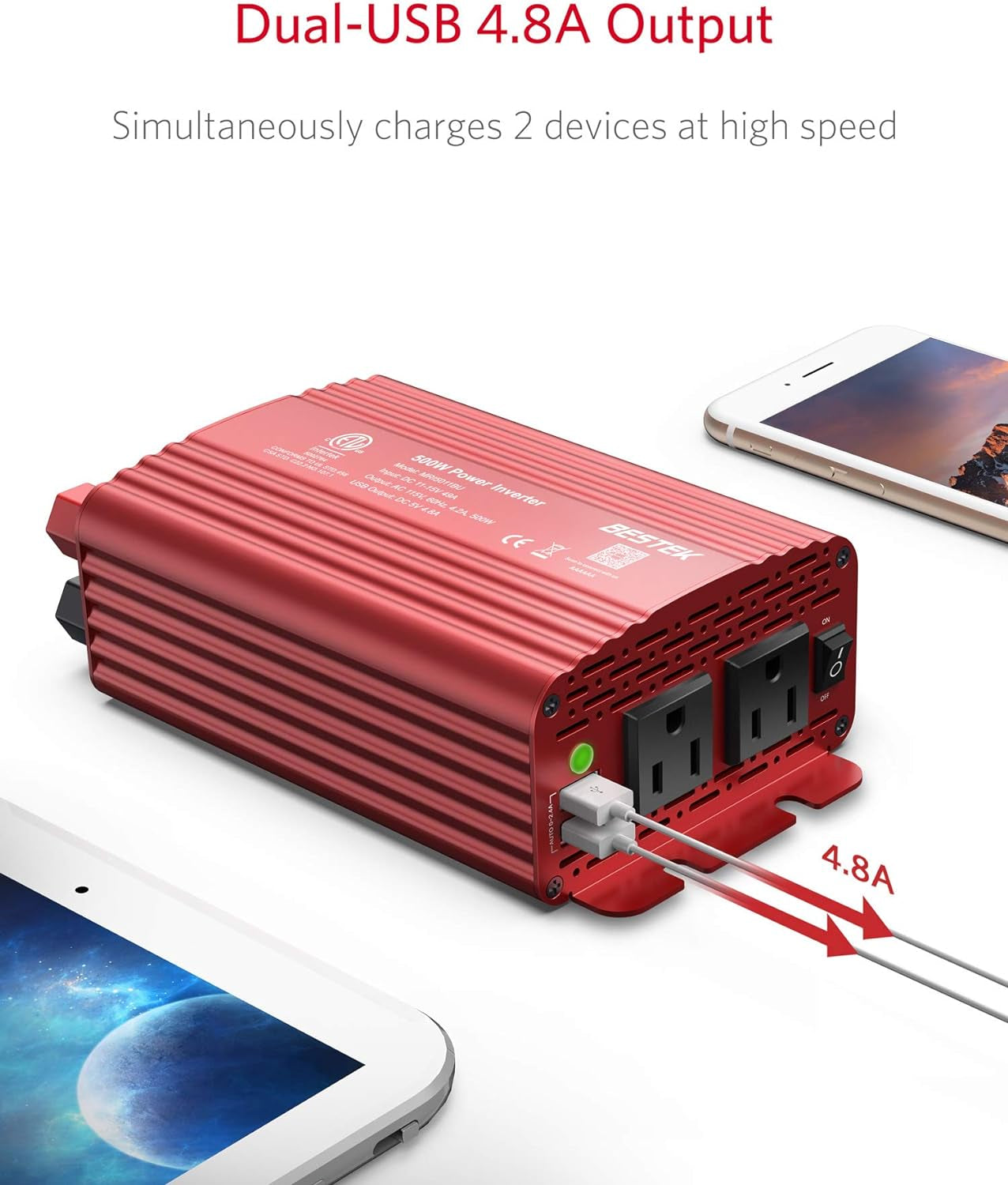500W Power Inverter DC 12V to 110V AC Converter with Alligator Battery Clamp 4.8A Dual USB Car Charger ETL Listed | 4.8A Dual USB Ports, Dual AC Outlets, Alligator Battery Clamp, Car Charger Adapter for Phone/Laptop/Road Trip