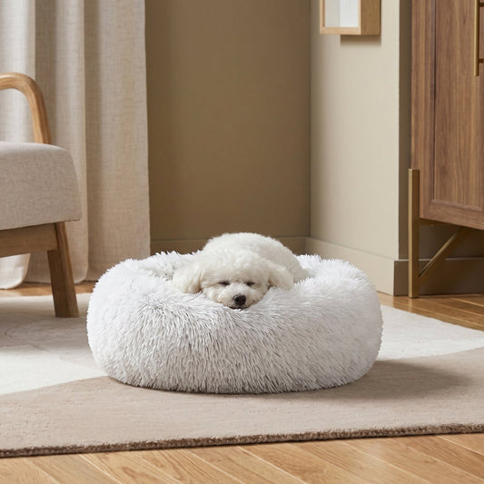 Friends Forever Donut Dog Bed Faux Fur Fluffy Calming Sofa for Large Dogs, Soft & Plush anti Anxiety Pet Couch for Dogs, Machine Washable Coco Pet Bed with Non-Slip Bottom, 36"X36"X8" Rainbow